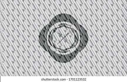 crossed swords icon inside silver color badge. Scales pattern. Vector Illustration. Detailed.