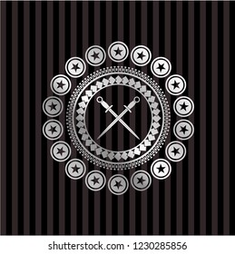 crossed swords icon inside silvery emblem or badge