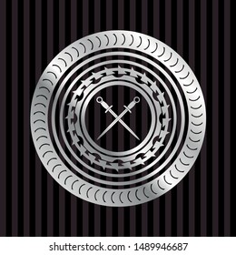 crossed swords icon inside silvery badge
