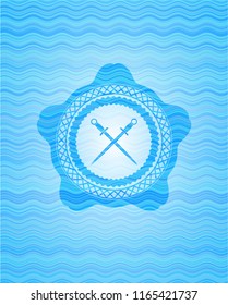 crossed swords icon inside sky blue water style badge.