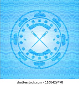 crossed swords icon inside sky blue water style emblem.