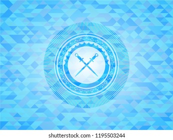 crossed swords icon inside sky blue mosaic emblem