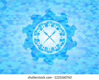 crossed swords icon inside sky blue emblem. Mosaic background