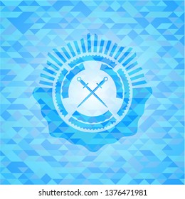 crossed swords icon inside sky blue emblem. Mosaic background
