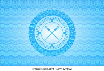 crossed swords icon inside sky blue water badge.