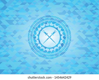 crossed swords icon inside sky blue emblem with mosaic background