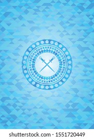 crossed swords icon inside sky blue emblem with triangle mosaic background