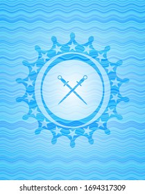 crossed swords icon inside sky blue water badge background.