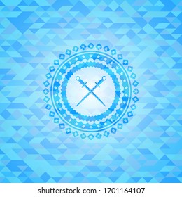crossed swords icon inside sky blue emblem with triangle mosaic background
