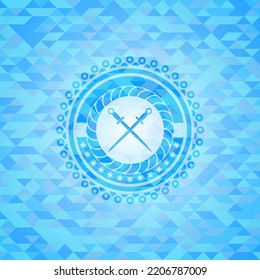 Das gekreuzte Schwerpunktsymbol im Himmelsblau mit Mosaik-ökologischem Hintergrund. 