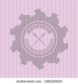 crossed swords icon inside vintage pink emblem