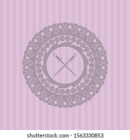 crossed swords icon inside vintage pink emblem