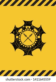 crossed swords icon inside warning sign, black grunge emblem. Vector Illustration. Detailed.