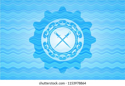 crossed swords icon inside water representation style badge.