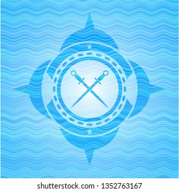 crossed swords icon inside water wavec oncept emblem.