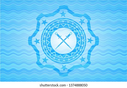 crossed swords icon inside water concept emblem background.
