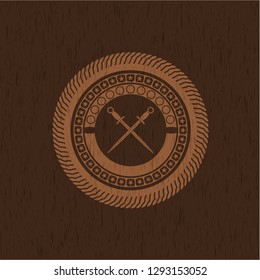 crossed swords icon inside wood emblem. Retro