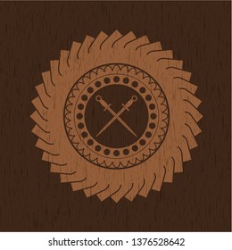 crossed swords icon inside wood badge or emblem