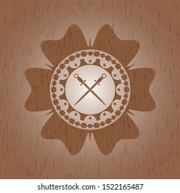 crossed swords icon inside wood signboards