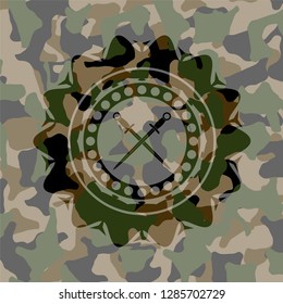 crossed swords icon on camo pattern