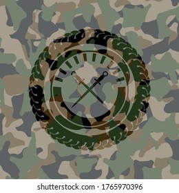 crossed swords icon on camo texture. 