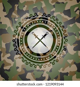 crossed swords icon on camouflaged texture