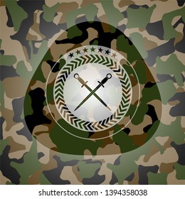 crossed swords icon on camouflaged texture
