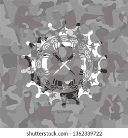 crossed swords icon on grey camo pattern