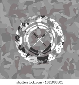 crossed swords icon on grey camo pattern
