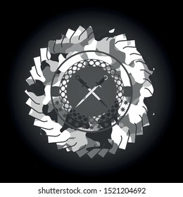 crossed swords icon on grey camouflaged pattern