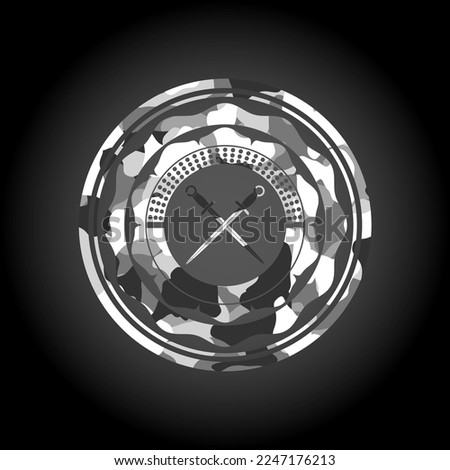 crossed swords icon on grey camo pattern. 