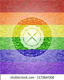 crossed swords icon on mosaic background with the colors of the LGBT flag