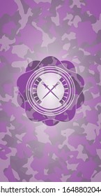 crossed swords icon on pink and purple camouflage texture