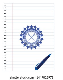 crossed swords icon pen effect. Blue ink. Vector Illustration. Detailed.
