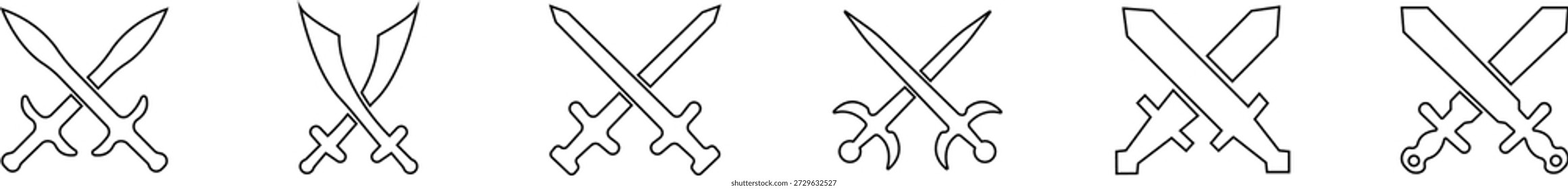 Conjunto de íconos de espadas cruzadas Colección y grupo con hoja, sable, cuchillo, espada, arma, acero y símbolos de combate en Vector de estilo de línea negra para diseño medieval y de batalla