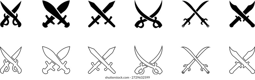 Kreuzschwerter Icon Set Kollektion und Gruppe mit Klinge, Säbel, Schneide, Schwert, Waffe, Stahl und Kampf Symbole in Schwarz Flach und Linie Stil Vektor für Mittelalter und Schlacht Design