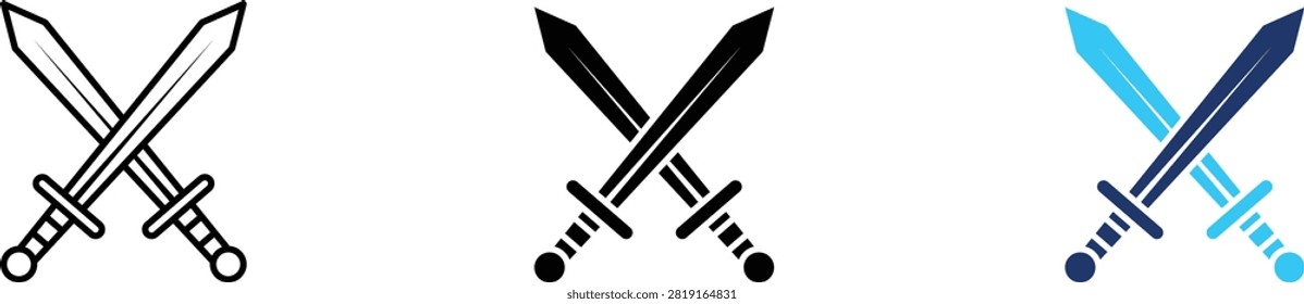 Crossed swords icon set representing battle, war, duel, and military defense. Symbol of medieval knight, combat, gaming, competition, and security.