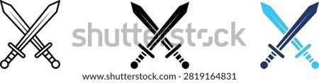 Crossed swords icon set representing battle, war, duel, and military defense. Symbol of medieval knight, combat, gaming, competition, and security.