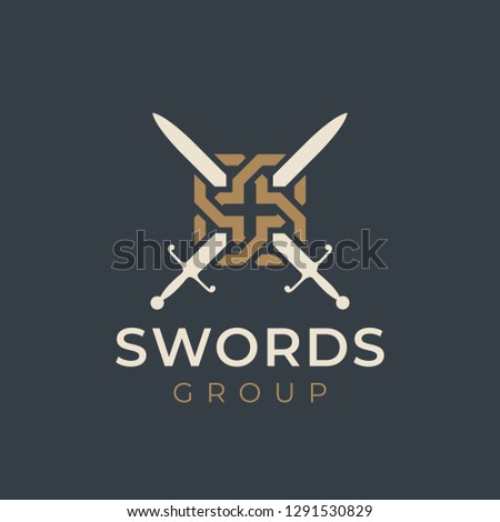 Crossed swords logo icon. Sword crests. Vector heraldry design.