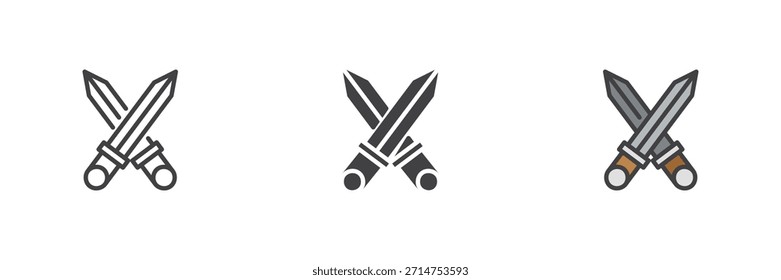 Kreuzschwerter mittelalterliche Waffe verschiedenen Stil Symbol-Set. Linien-, gefüllte Umrisse und Vollfarben-Vektorsymbol-Versionen. Scharfes Blade-Symbol, Schlachtzeichen, Heraldiesymbol für die Benutzeroberfläche des Spiels und Symbol für die Spielgeschichte.