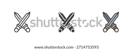 Crossed swords medieval weapon different style icon set. Line, filled outline and solid color vector icon versions. Sharp blade symbol, battle sign, heraldry symbol for game UI and history icon.