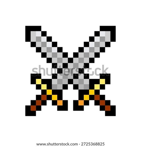 Crossed swords pixel icon. Vector pixelated illustration of crossed sabers isolated on white background