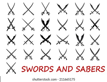 Crossed swords and sabers elements isolated on white background, suitable for history and heraldry logo design