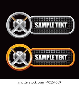 crossed swords and shield on black checkered banners