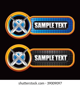 crossed swords and shield on blue and black checkered banners