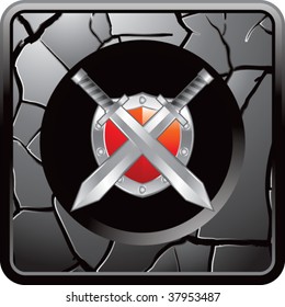 espadas cruzadas y escudo en botón web de plata roto