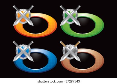 crossed swords and shield on multicolored rings