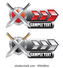 crossed swords and shield on red and white arrow nameplates