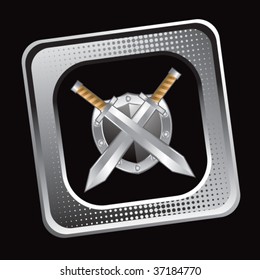 crossed swords and shield on tilted silver web icon
