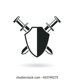 crossed swords with shield protection security logo abstract vector illustration isolated on white